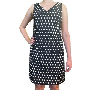 Ann Taylor Women Black and Cream Polka Dot Lined Sheath V-Neck Sleeveless Dress